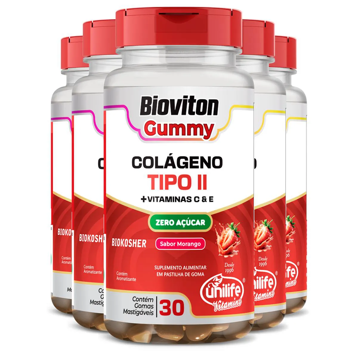 KIT 5 GUMMY COLáGENO TIPO II MORANGO UNILIFE 30 GOMAS