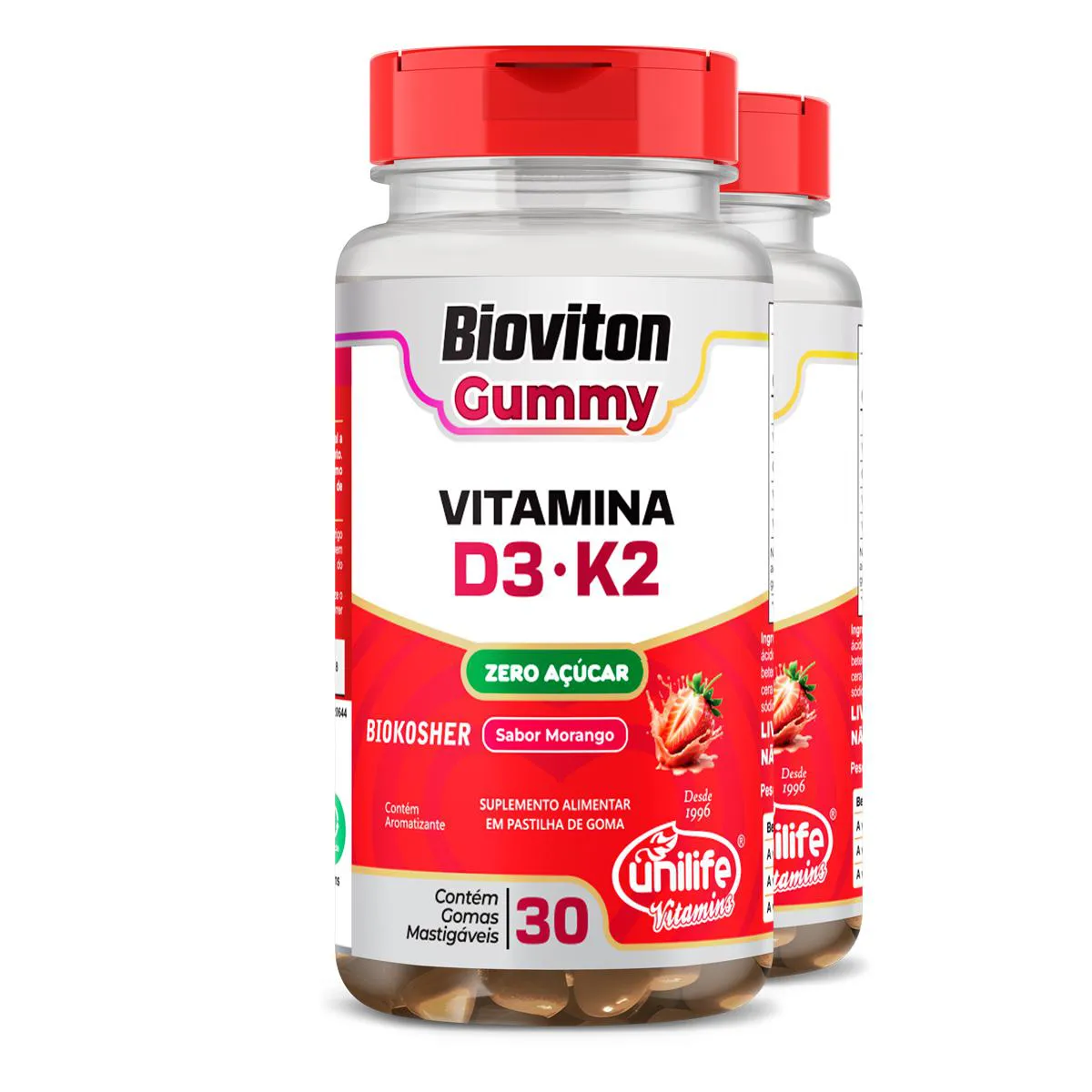 KIT 2 GUMMY VITAMINA D3 + K2 MORANGO UNILIFE 30 GOMAS