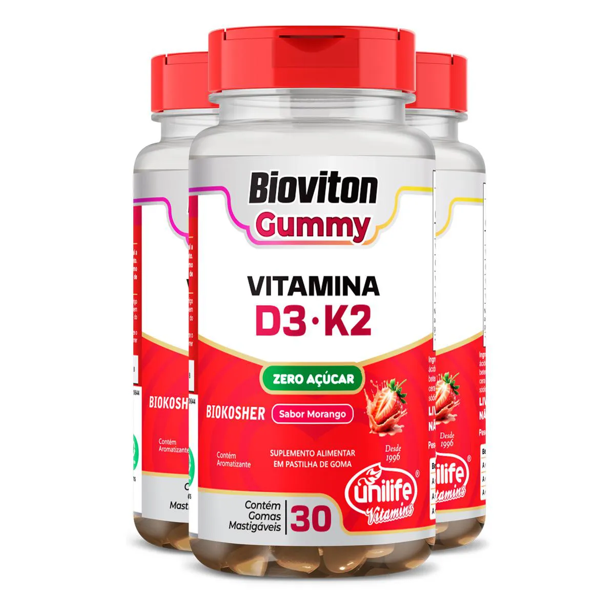 KIT 3 GUMMY VITAMINA D3 + K2 MORANGO UNILIFE 30 GOMAS