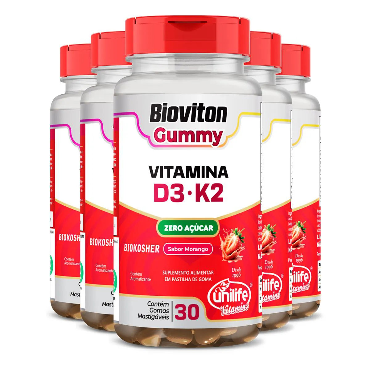 KIT 5 GUMMY VITAMINA D3 + K2 MORANGO UNILIFE 30 GOMAS