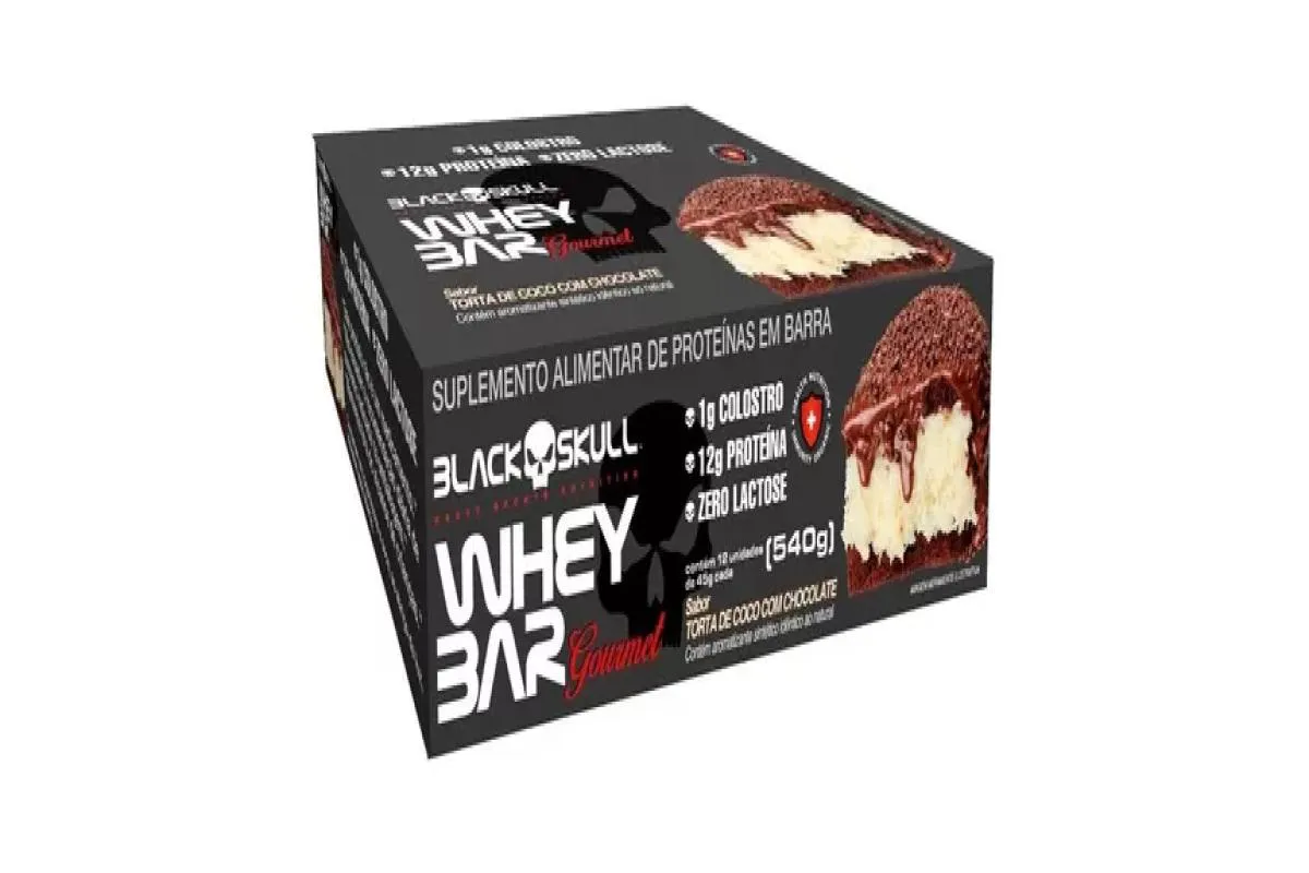 WHEY BAR GOURMET BLACK SKULL CAIXA C/12 UN 45G ZERO LACTOSE SABOR TORTA DE COCO COM CHOCOLATE