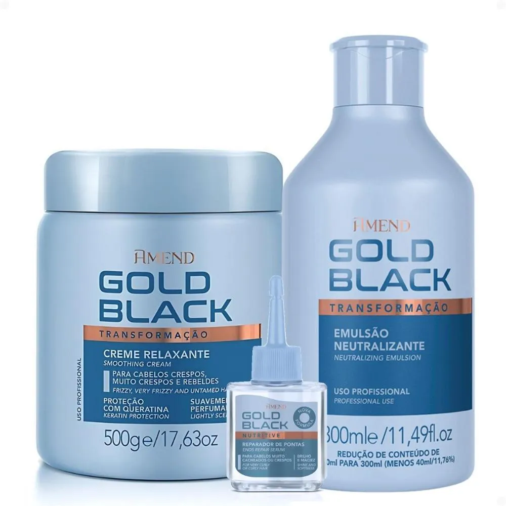 KIT AMEND GOLD BLACK: CREME RELAXANTE AMôNIA 500G, EMULSãO NEUTRALIZANTE 300ML E REPARADOR