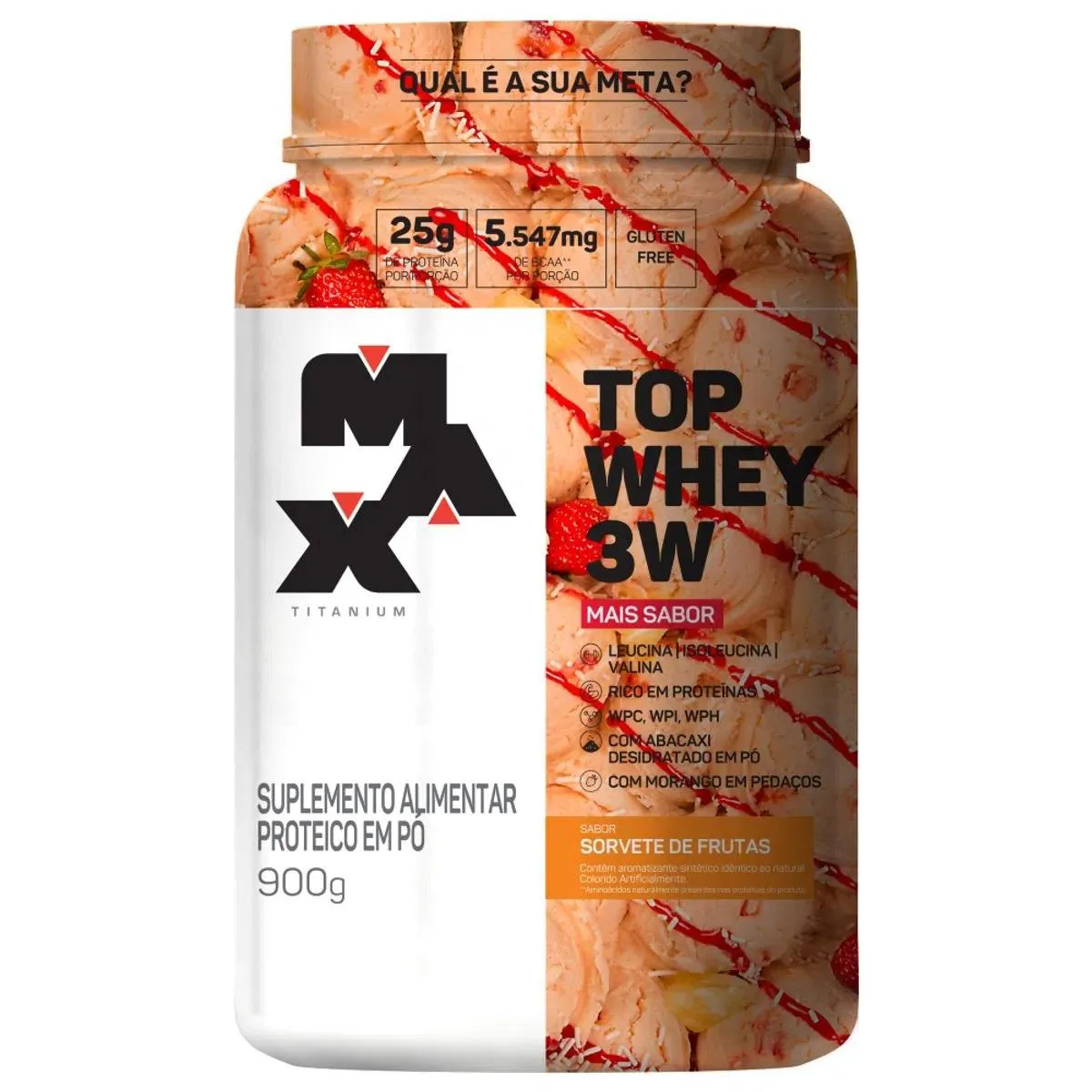 WHEY TOP WHEY 3W MAIS SABOR POTE 900G SABOR SORVETE DE FRUTAS MAX TITANIUM