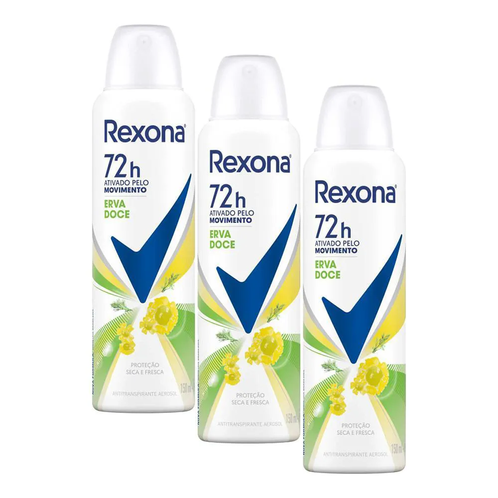 KIT 3 DESODORANTES ANTITRANSPIRANTE AEROSSOL REXONA FEMININO ERVA DOCE 72H 150ML