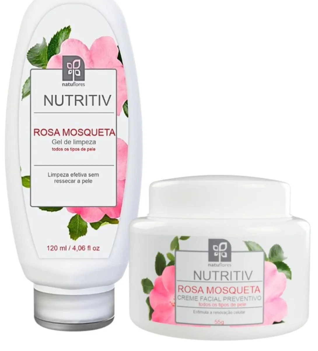 KIT FACIAL PELE RENOVADA ROSA MOSQUETA NUTRITIV (GEL DE LIMPEZA, CREME PREVENTIVO) NATUFLORES
