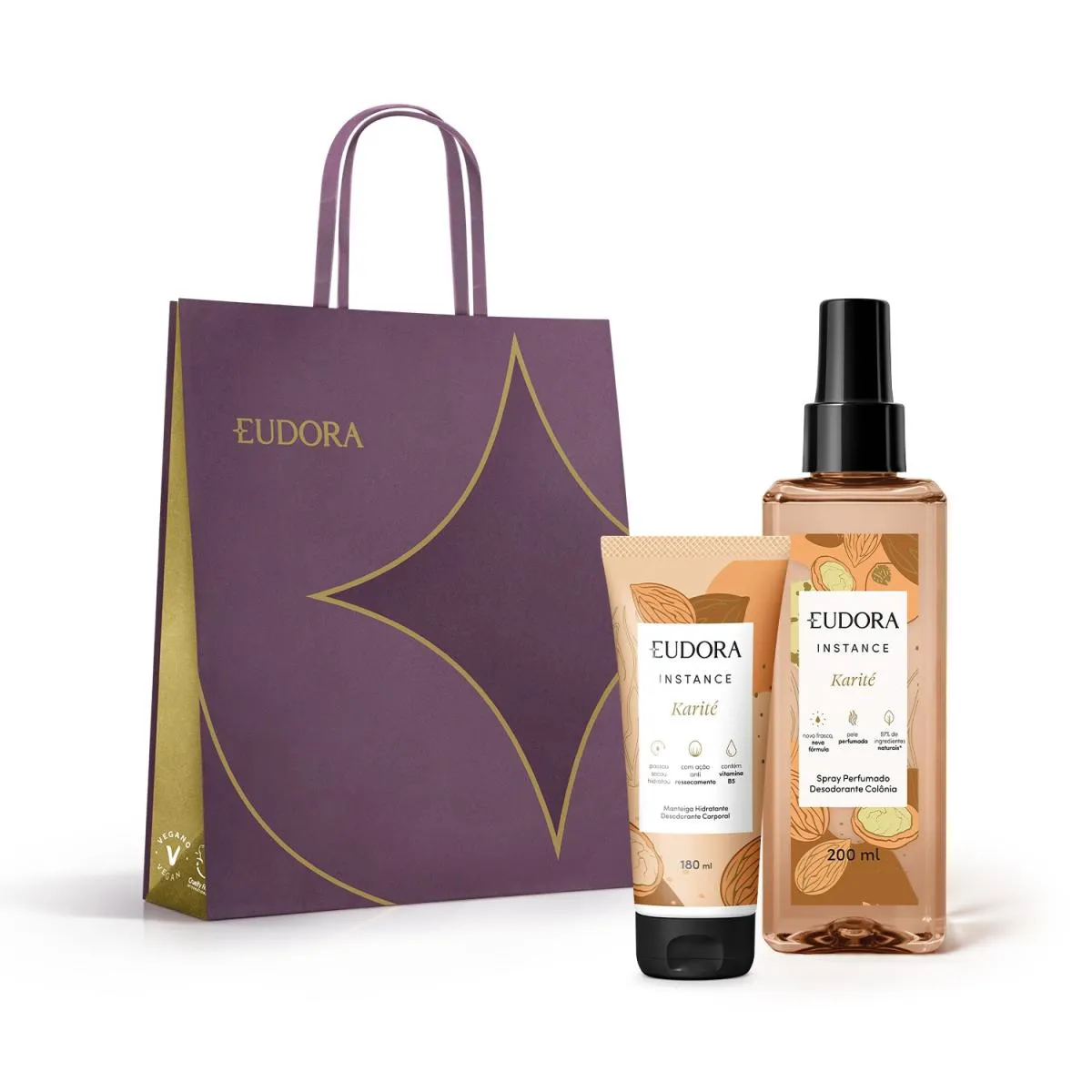 KIT INSTANCE: MANTEIGA HIDRATANTE DESODORANTE CORPORAL 180ML + SPRAY CORPORAL PERFUMADO 200ML + SACOLA