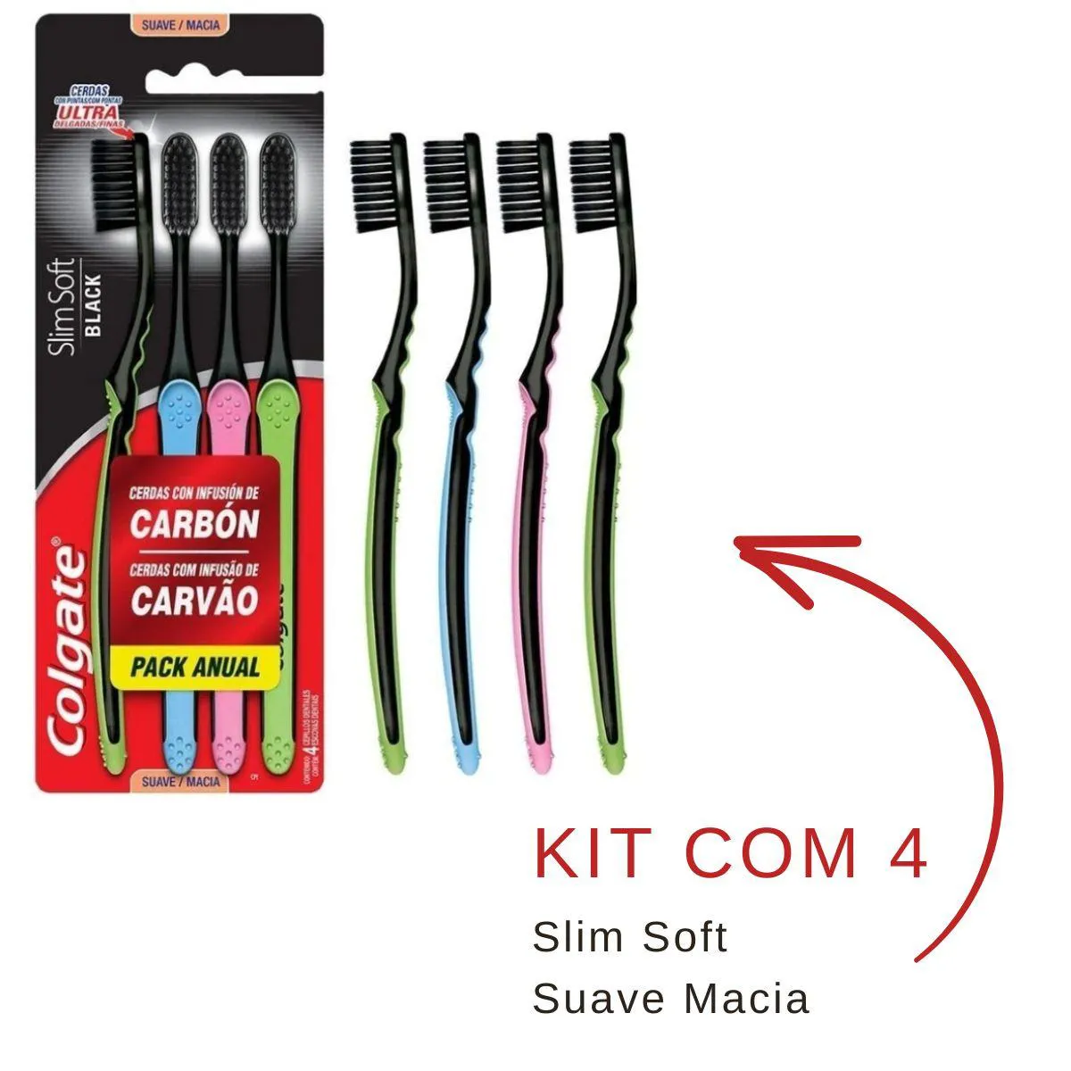 ESCOVA DE DENTE COLGATE SLIM SOFT BLACK COM 4 UNIDADES