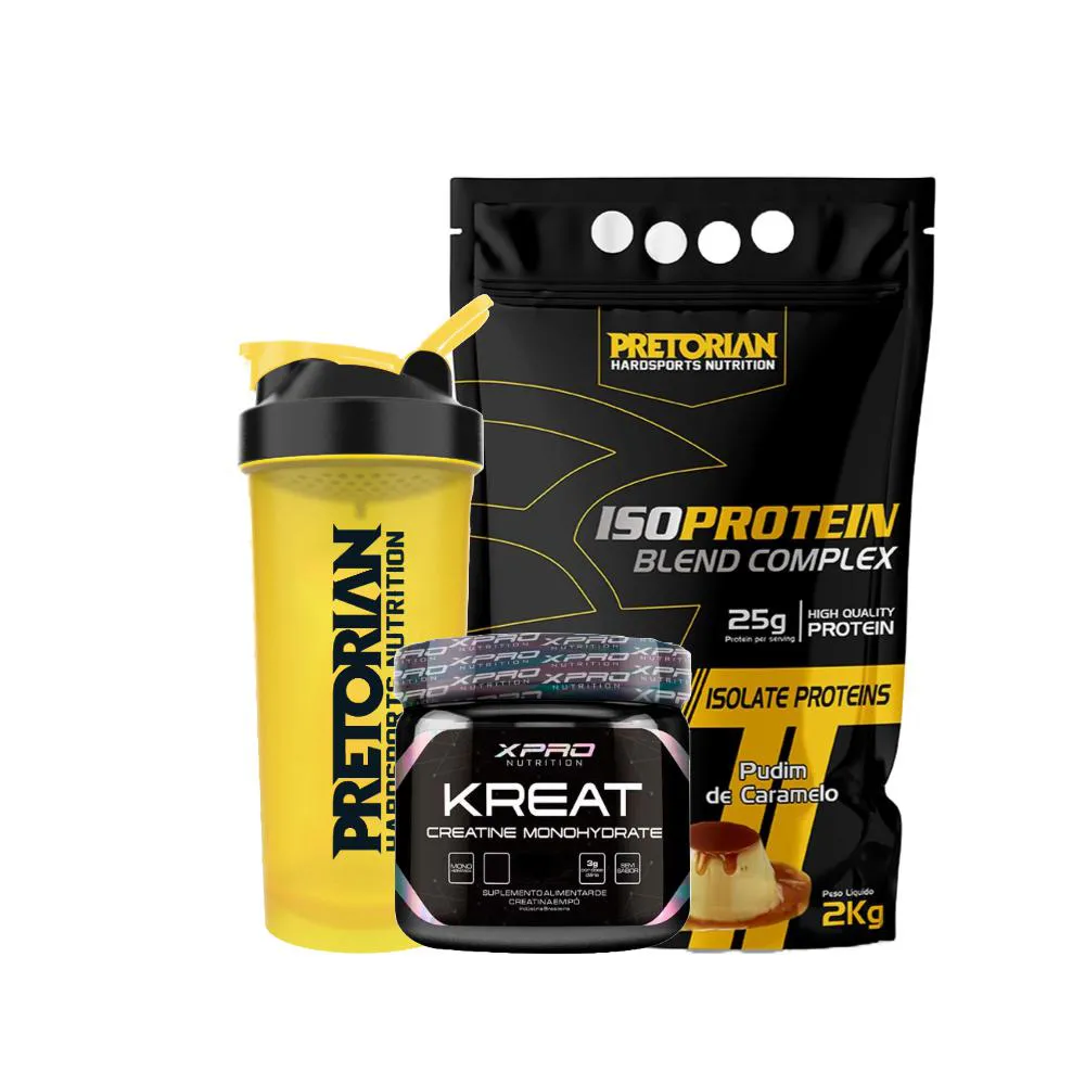 KIT WHEY ISO PROTEIN BLEND 2KG + CREATINA 300G XPRO + COQUETELEIRA - PRETORIAN Pudim DE Caramelo
