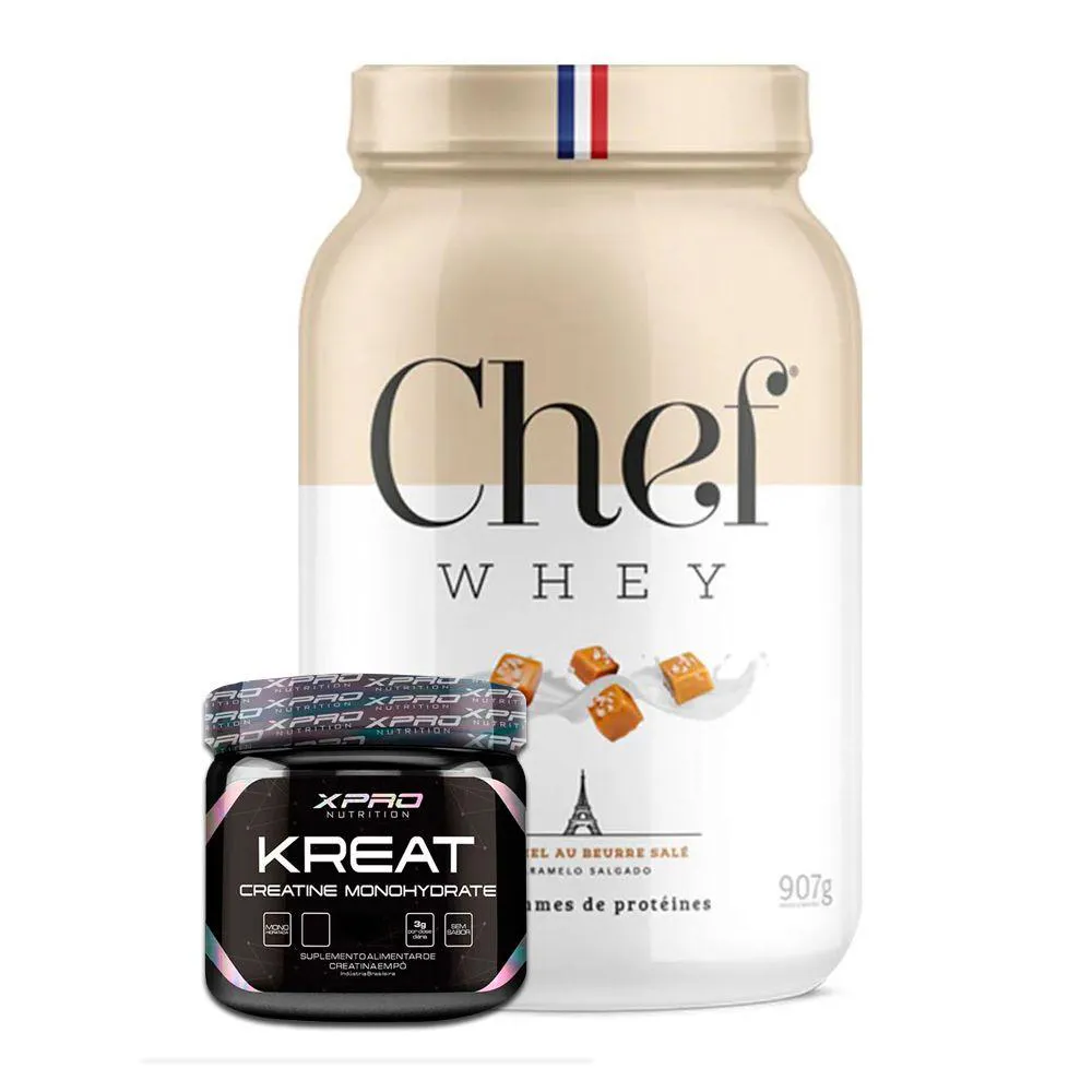 KIT WHEY PROTEIN GOURMET 907G CHEF WHEY + KREAT MONOHIDRATADA 300G XPRO NUTRITION Caramelo Salgado
