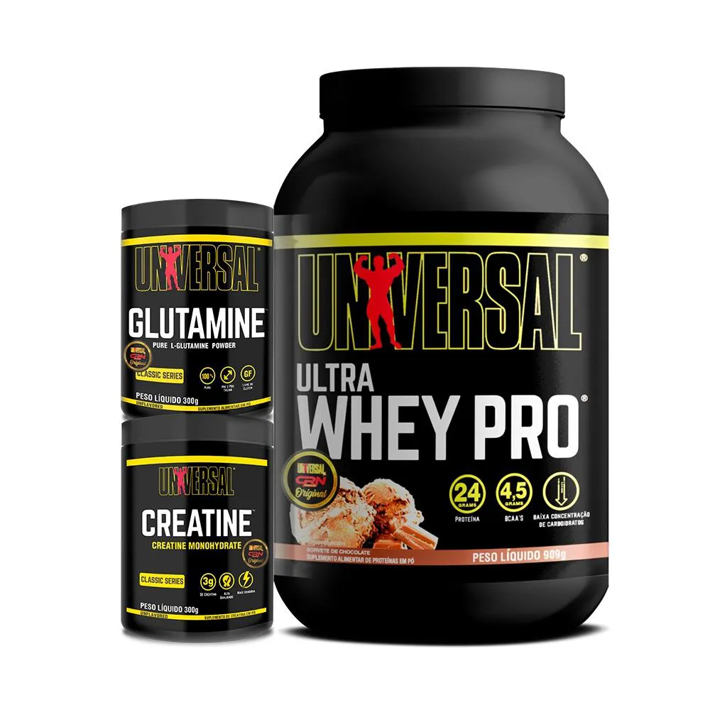 KIT ULTRA WHEY PRO 900G + CREATINE 300G + GLUTAMINE 300G - UNIVERSAL Chocolate