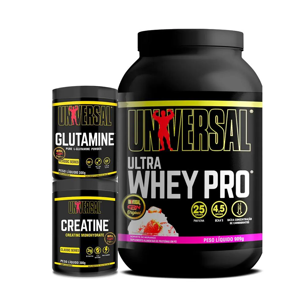 KIT ULTRA WHEY PRO 900G + CREATINE 300G + GLUTAMINE 300G - UNIVERSAL Morango