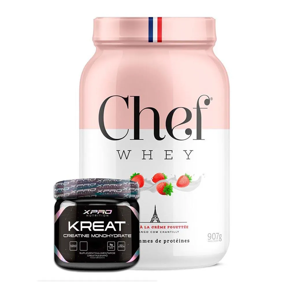 KIT WHEY PROTEIN GOURMET 907G CHEF WHEY + KREAT MONOHIDRATADA 300G XPRO NUTRITION Chantilly C Morango