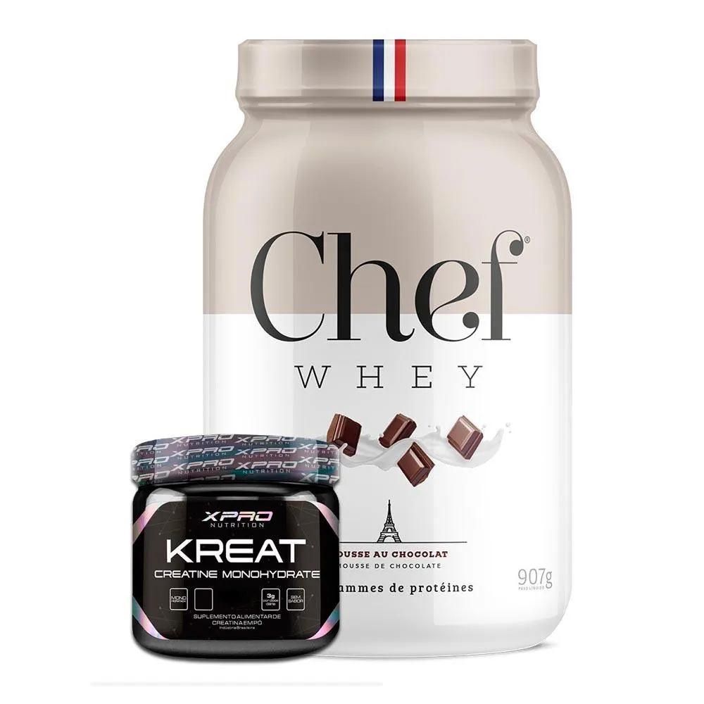 KIT WHEY PROTEIN GOURMET 907G CHEF WHEY + KREAT MONOHIDRATADA 300G XPRO NUTRITION Mousse AU Chocolat Mouse DE Chocolate