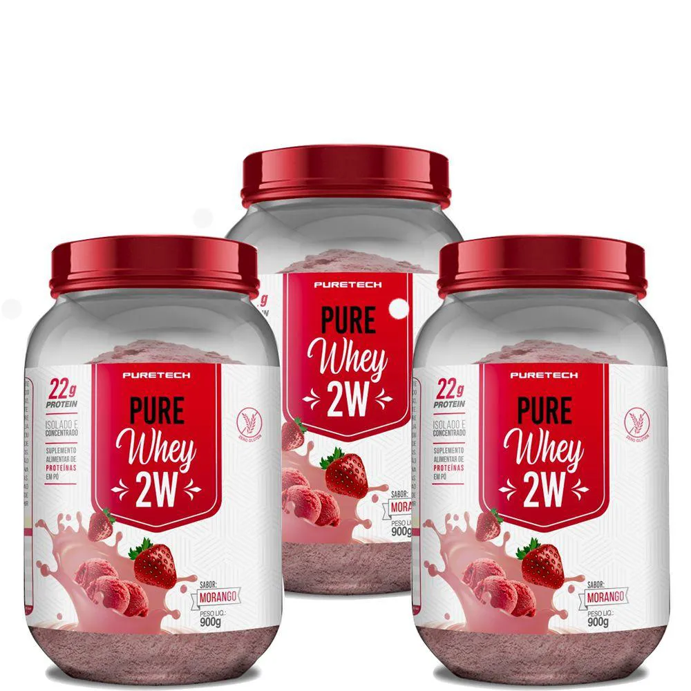 KIT 3X WHEY PROTEIN 2W 900G - PURETECH Morango