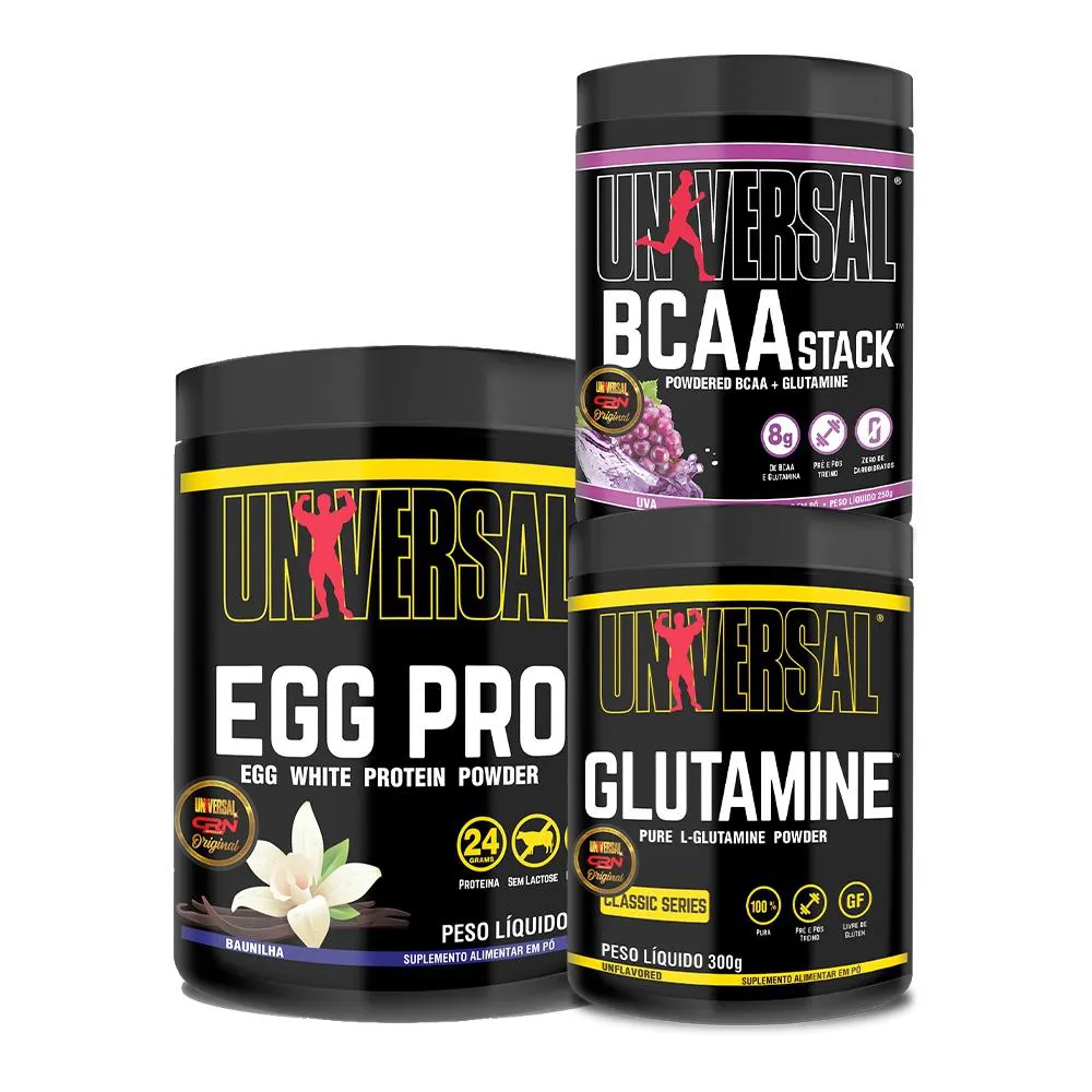 KIT EGG PRO 454G + BCAA STACK 250G + GLUTAMINA 300G - UNIVERSAL Baunilha