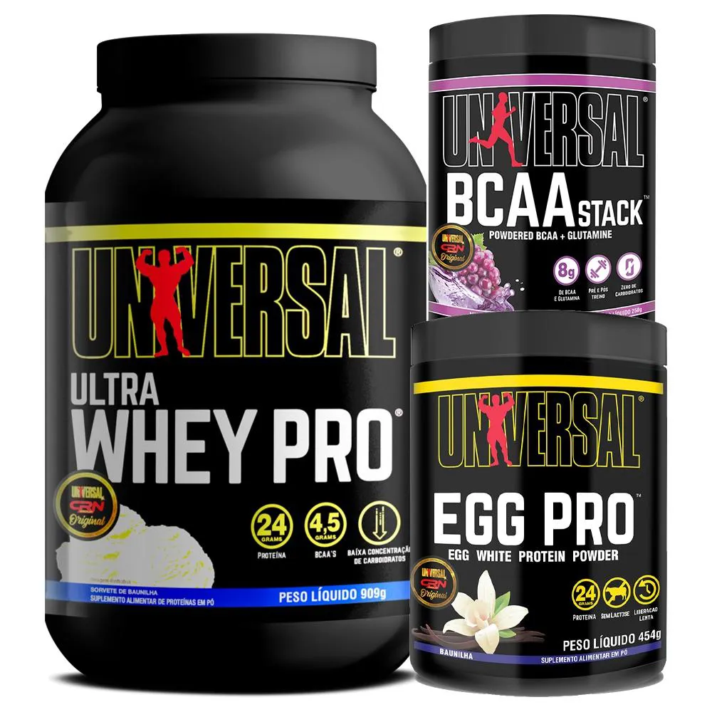 KIT  ULTRA WHEY PRO 900G + EGG PRO 454G + BCAA STACK 250G - UNIVERSAL Baunilha