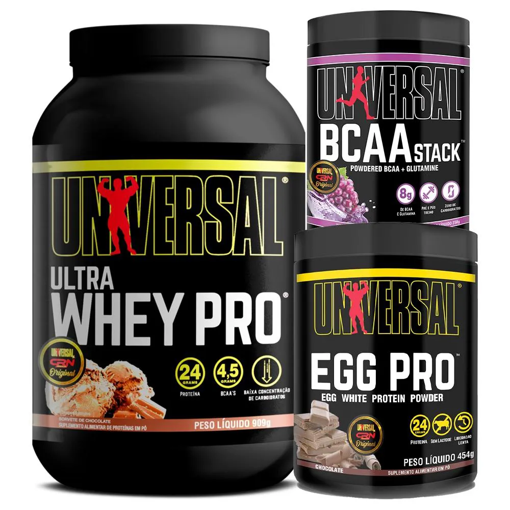 KIT  ULTRA WHEY PRO 900G + EGG PRO 454G + BCAA STACK 250G - UNIVERSAL Chocolate