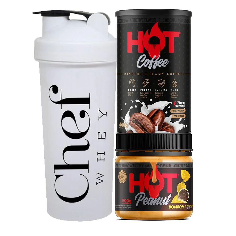 KIT CAFé PRé-TREINO 440G + PASTA DE AMENDOIM 500G - HOT FIT + COQUETELEIRA 700ML - CHEFE WHEY Amendoimchocolate Branco
