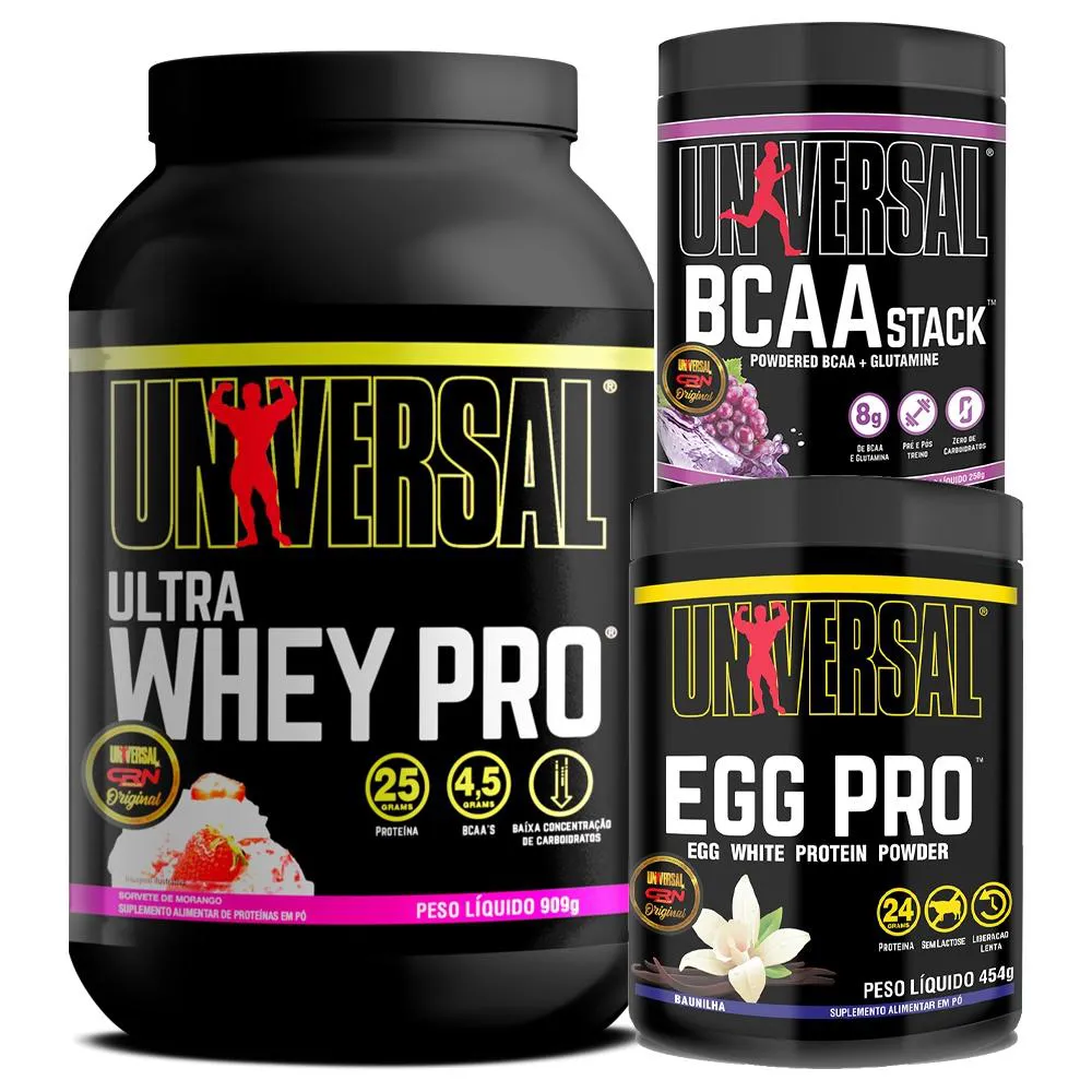 KIT  ULTRA WHEY PRO 900G + EGG PRO 454G + BCAA STACK 250G - UNIVERSAL Morango  Baunilha