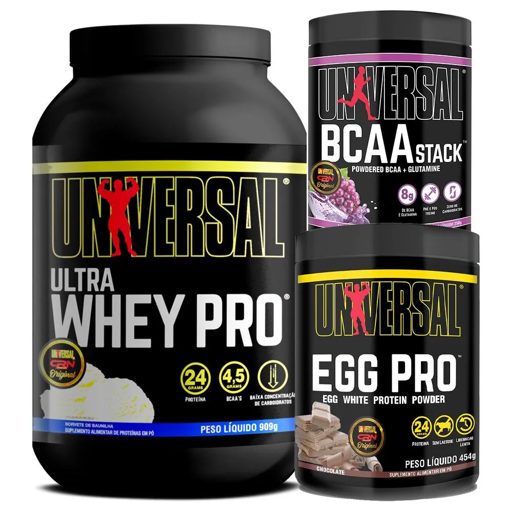 KIT  ULTRA WHEY PRO 900G + EGG PRO 454G + BCAA STACK 250G - UNIVERSAL Baunilha  Chocolate