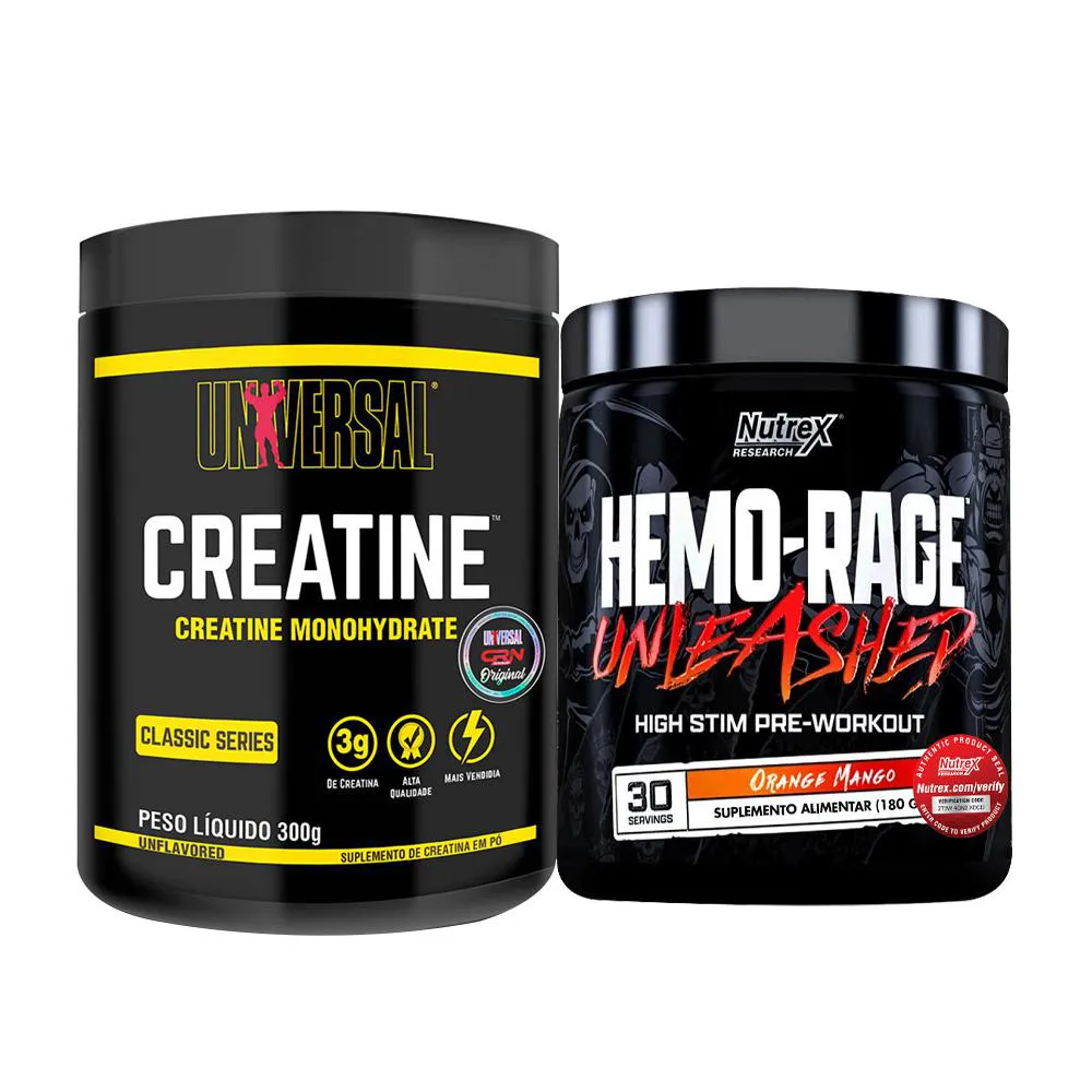 KIT PRé-TREINO HEMO-RAGE UNLEASHED 180G - NUTREX RESEARCH + CREATINA 300G -  UNIVERSAL NUTRITION