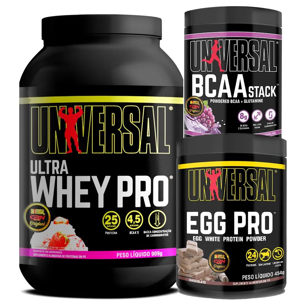 KIT  ULTRA WHEY PRO 900G + EGG PRO 454G + BCAA STACK 250G - UNIVERSAL Chocolate  Morango