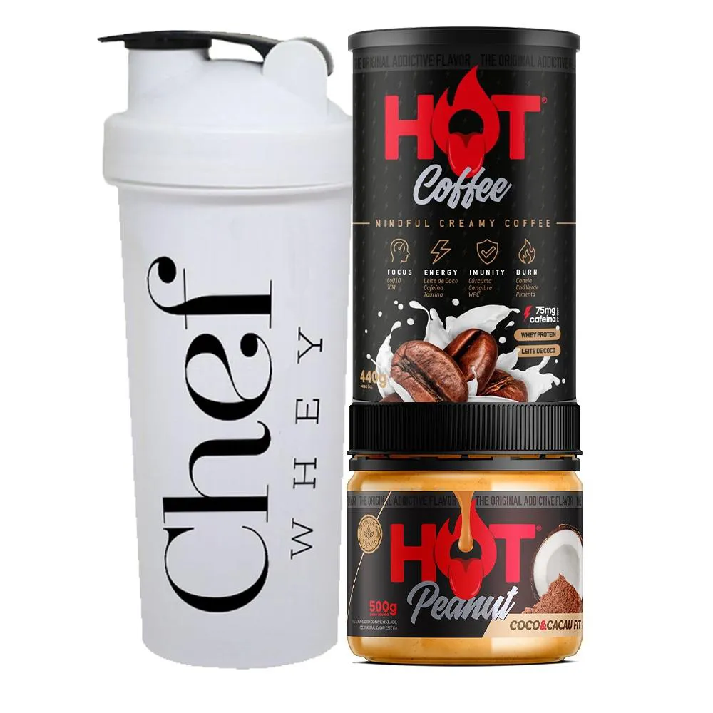 KIT CAFé PRé-TREINO 440G + PASTA DE AMENDOIM 500G - HOT FIT + COQUETELEIRA 700ML - CHEFE WHEY Cacaucoco