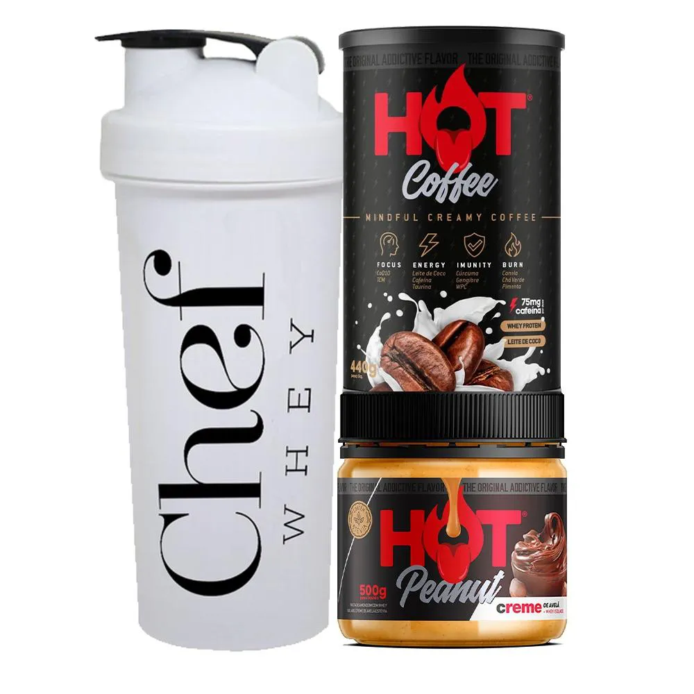 KIT CAFé PRé-TREINO 440G + PASTA DE AMENDOIM 500G - HOT FIT + COQUETELEIRA 700ML - CHEFE WHEY Avelã