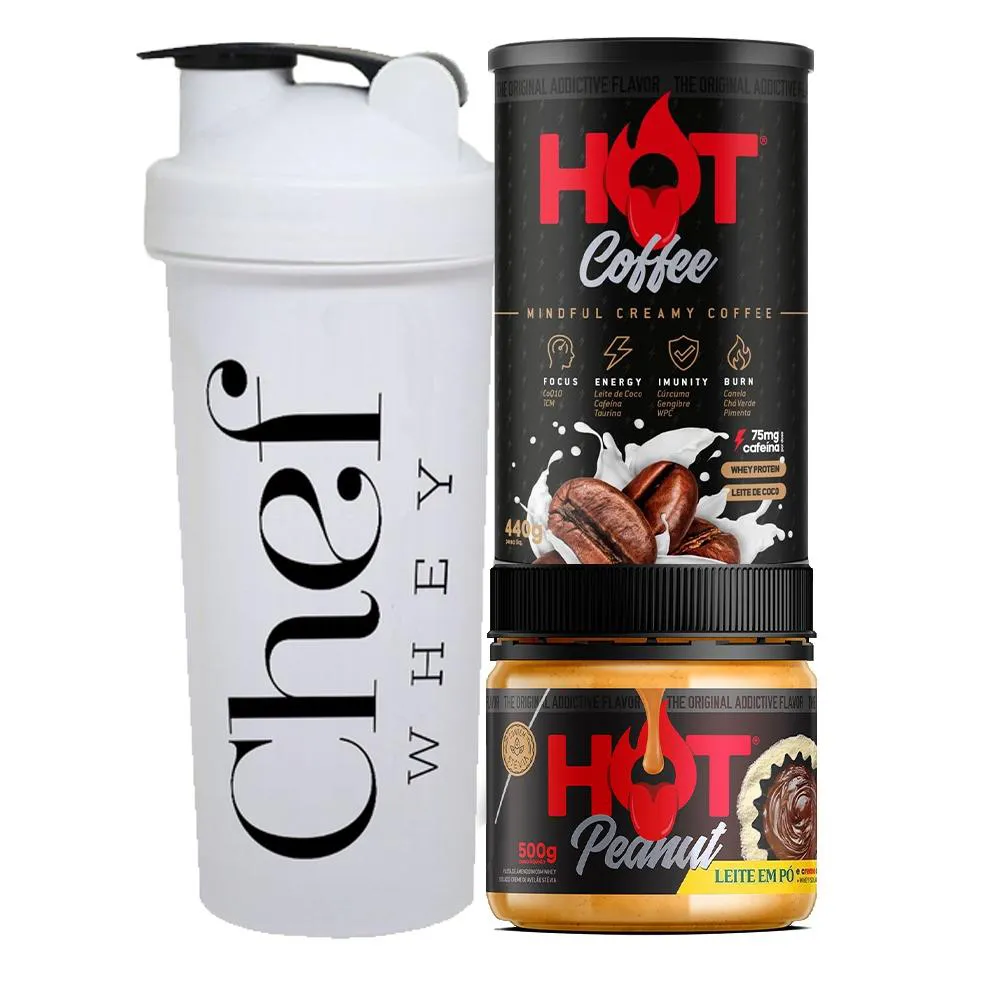 KIT CAFé PRé-TREINO 440G + PASTA DE AMENDOIM 500G - HOT FIT + COQUETELEIRA 700ML - CHEFE WHEY Leite Ninho  Creme DE Avelã