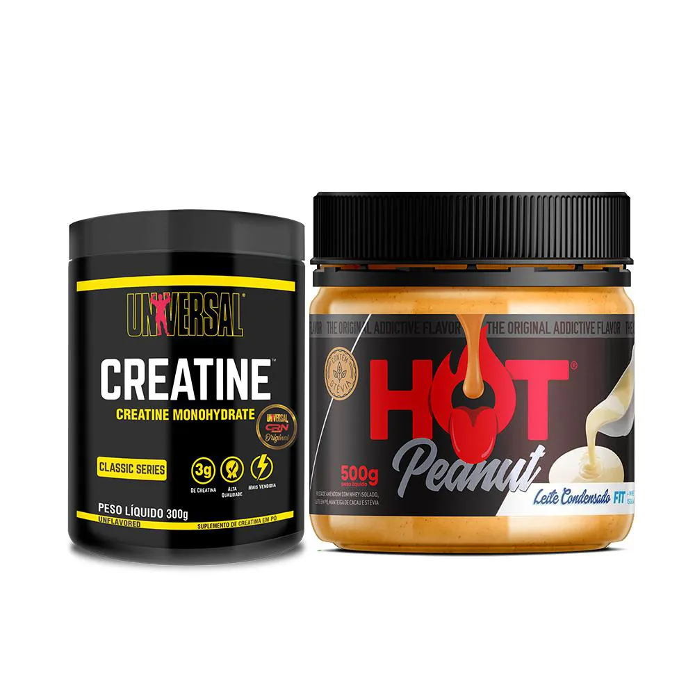 KIT PASTA DE AMENDOIM 500G HOT FIT + CREATINE MONOHYDRATE 300G UNIVERSAL Leite Condensado
