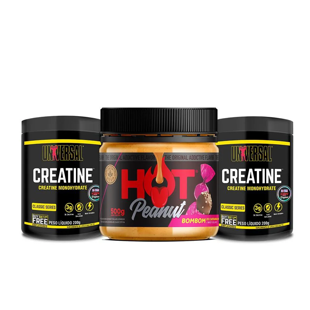 KIT PASTA DE AMENDOIM HOT FIT 500G + CREATINE 400G UNIVERSAL Bombom Castanha DE Caju
