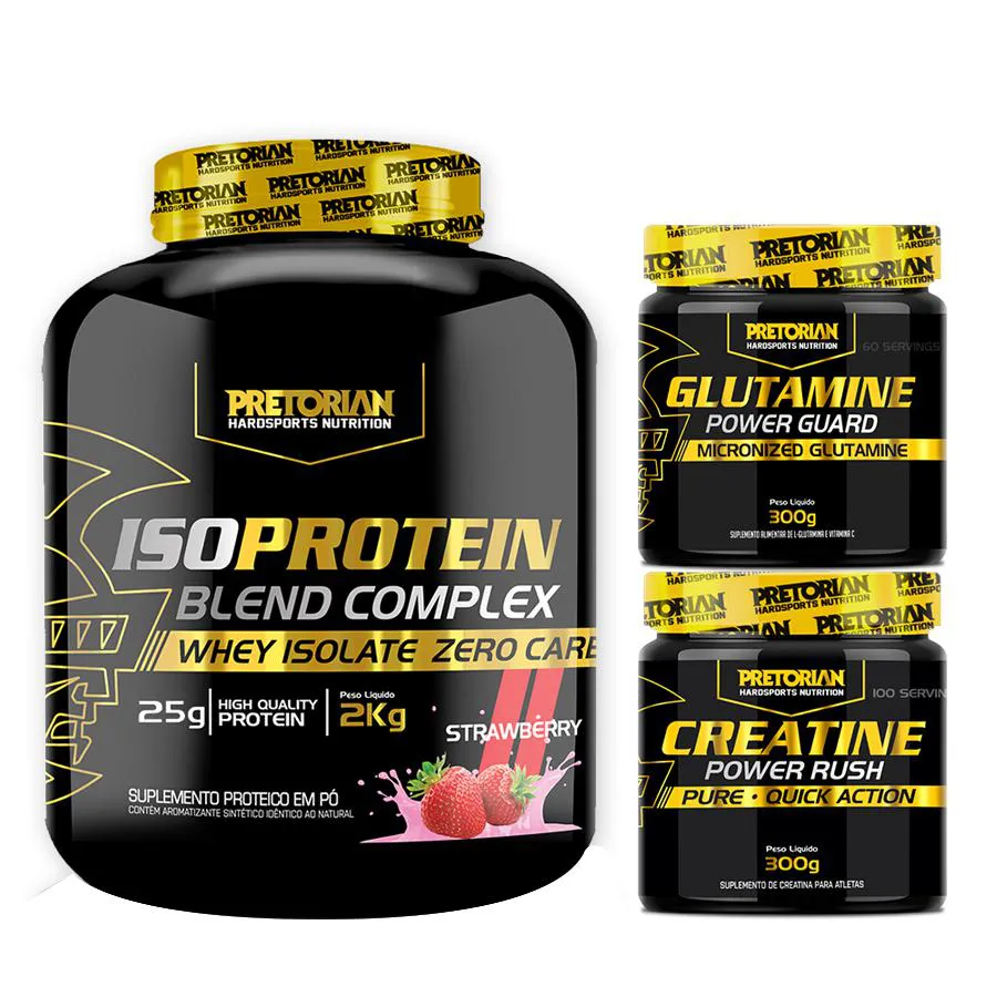 KIT WHEY PROTEIN ISO PROTEIN 2KG + CREATINA 300G + GLUTAMINA 300G - PRETORIAN Morango