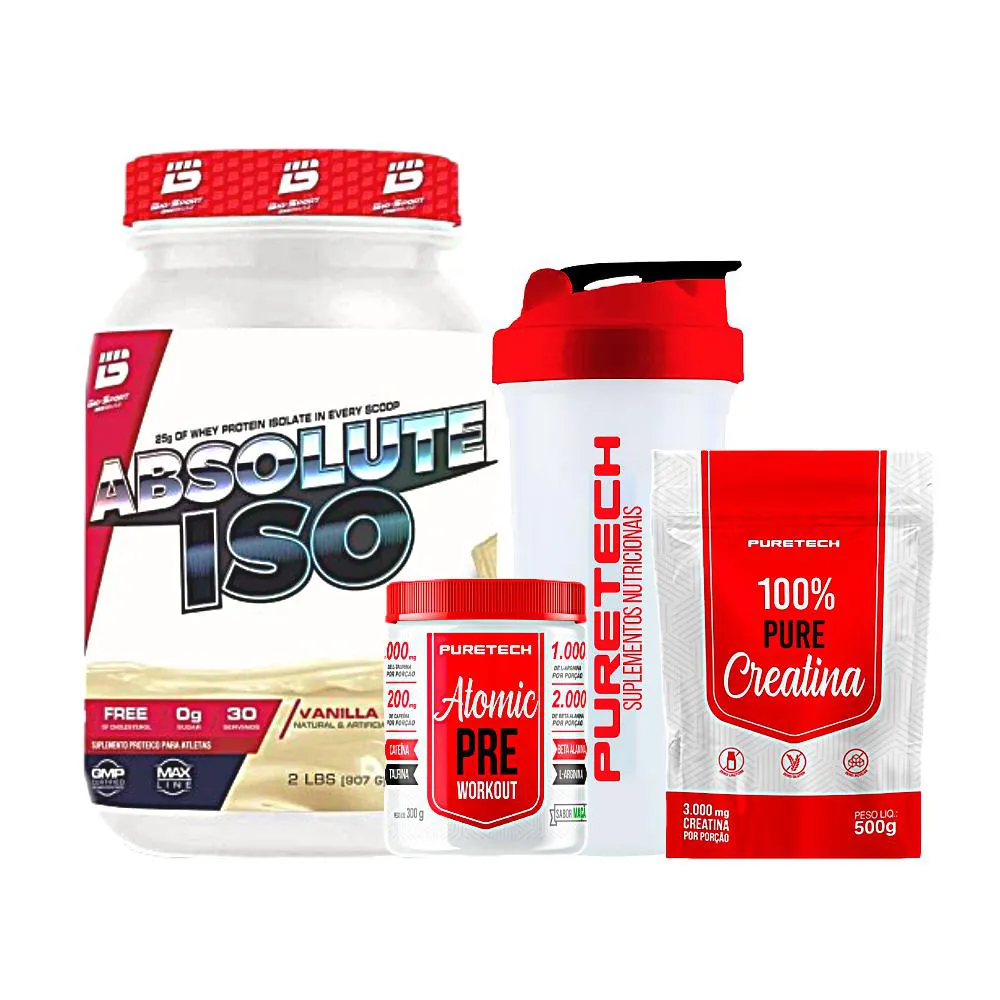 KIT WHEY ABSOLUTE ISO 900G - BIO SPORT + CREATINA 100% PURE 500G + ATOMIC PRé WORKOUT 300G + COQUETELEIRA - PURETECH Baunilha