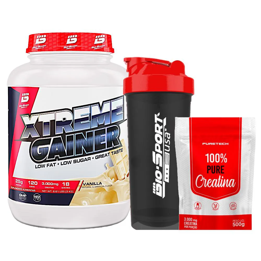 KIT XTREME GAINER 3KG - BIO SPORT + CREATINA 100% PURE 500G - PURETECH + COQUETELEIRA - BIO SPORT Baunilha