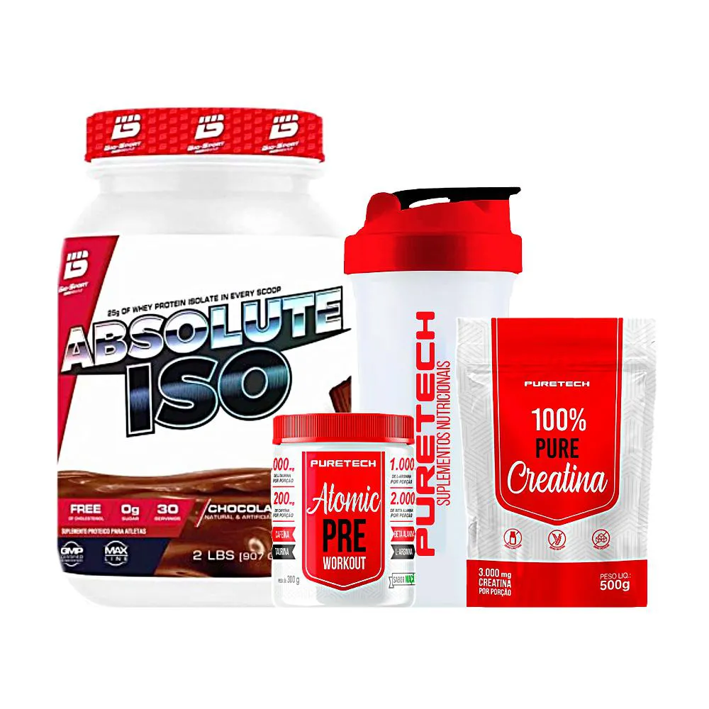 KIT WHEY ABSOLUTE ISO 900G - BIO SPORT + CREATINA 100% PURE 500G + ATOMIC PRé WORKOUT 300G + COQUETELEIRA - PURETECH Chocolate