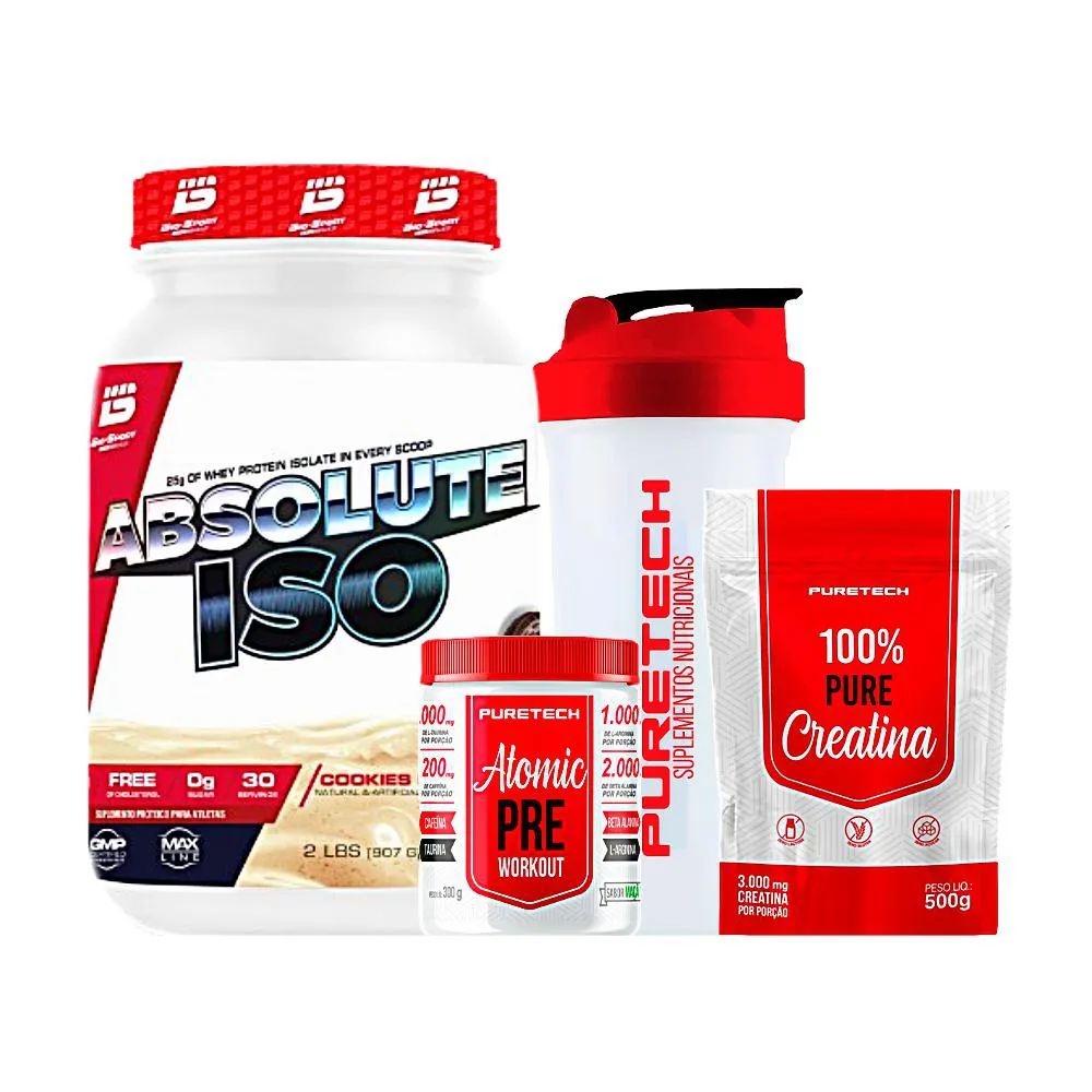 KIT WHEY ABSOLUTE ISO 900G - BIO SPORT + CREATINA 100% PURE 500G + ATOMIC PRé WORKOUT 300G + COQUETELEIRA - PURETECH Cookies AND Cream
