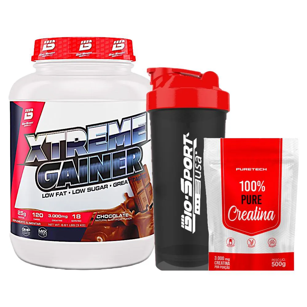 KIT XTREME GAINER 3KG - BIO SPORT + CREATINA 100% PURE 500G - PURETECH + COQUETELEIRA - BIO SPORT Chocolate