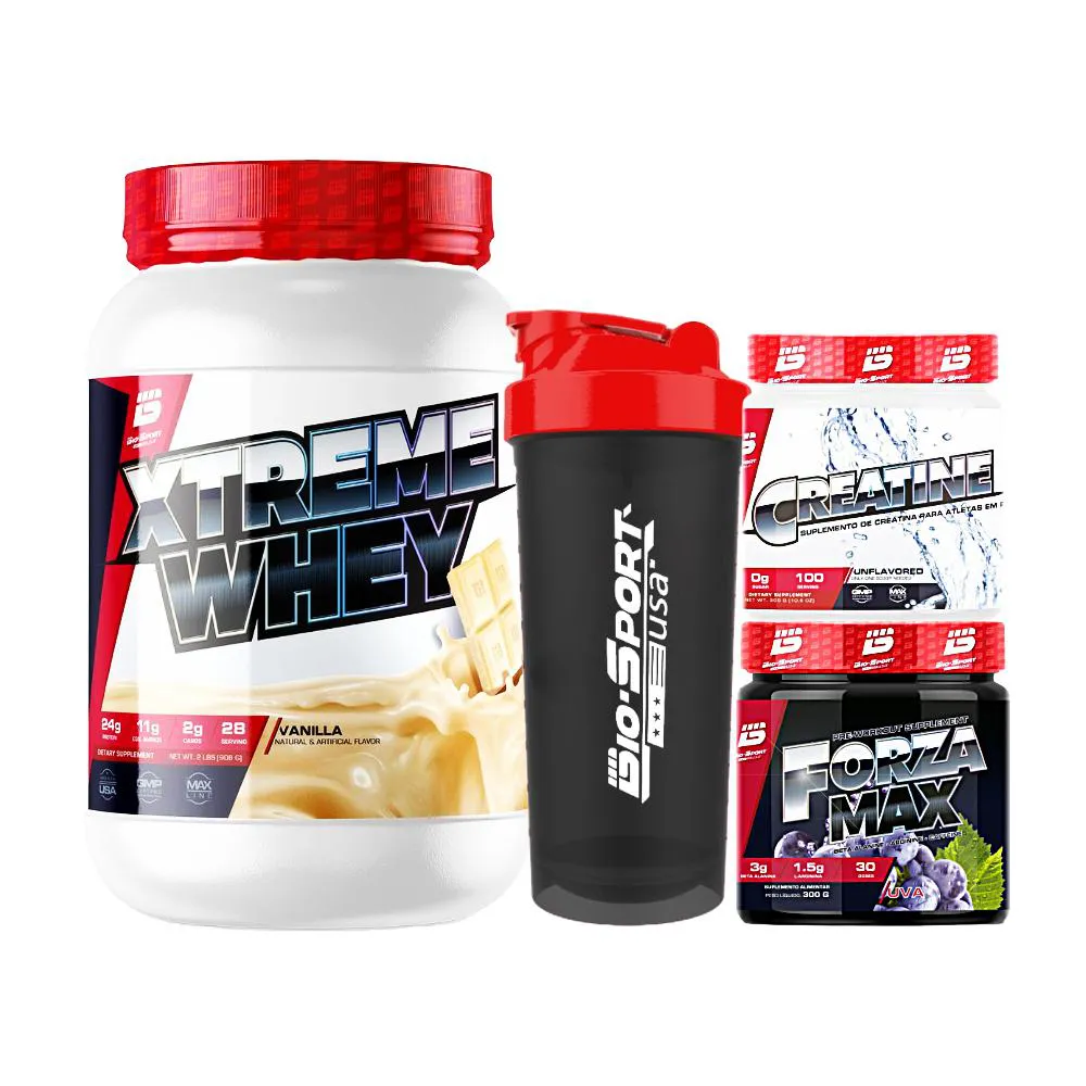 KIT XTREME WHEY 900G + CREATINE MAX PURA 150G + FORZA MAX PRé-WORKOUT 300G + COQUETELEIRA - BIO SPORT Baunilha