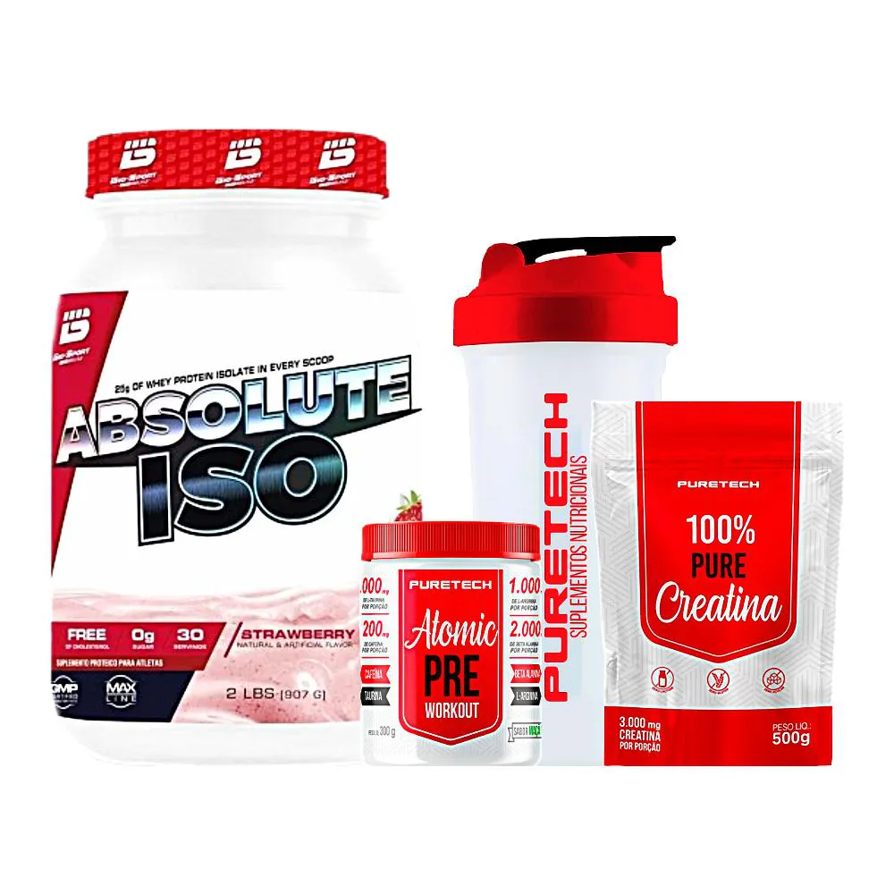 KIT WHEY ABSOLUTE ISO 900G - BIO SPORT + CREATINA 100% PURE 500G + ATOMIC PRé WORKOUT 300G + COQUETELEIRA - PURETECH Morango