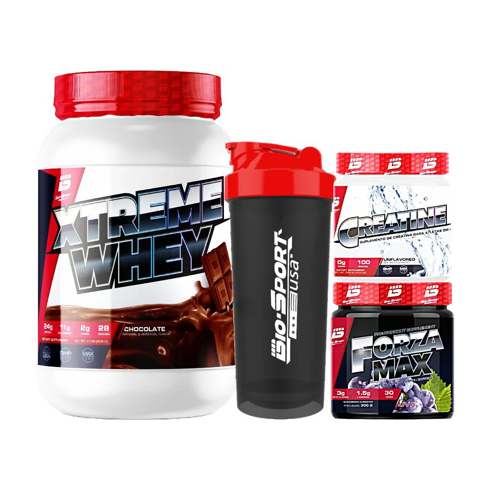 KIT XTREME WHEY 900G + CREATINE MAX PURA 150G + FORZA MAX PRé-WORKOUT 300G + COQUETELEIRA - BIO SPORT Chocolate