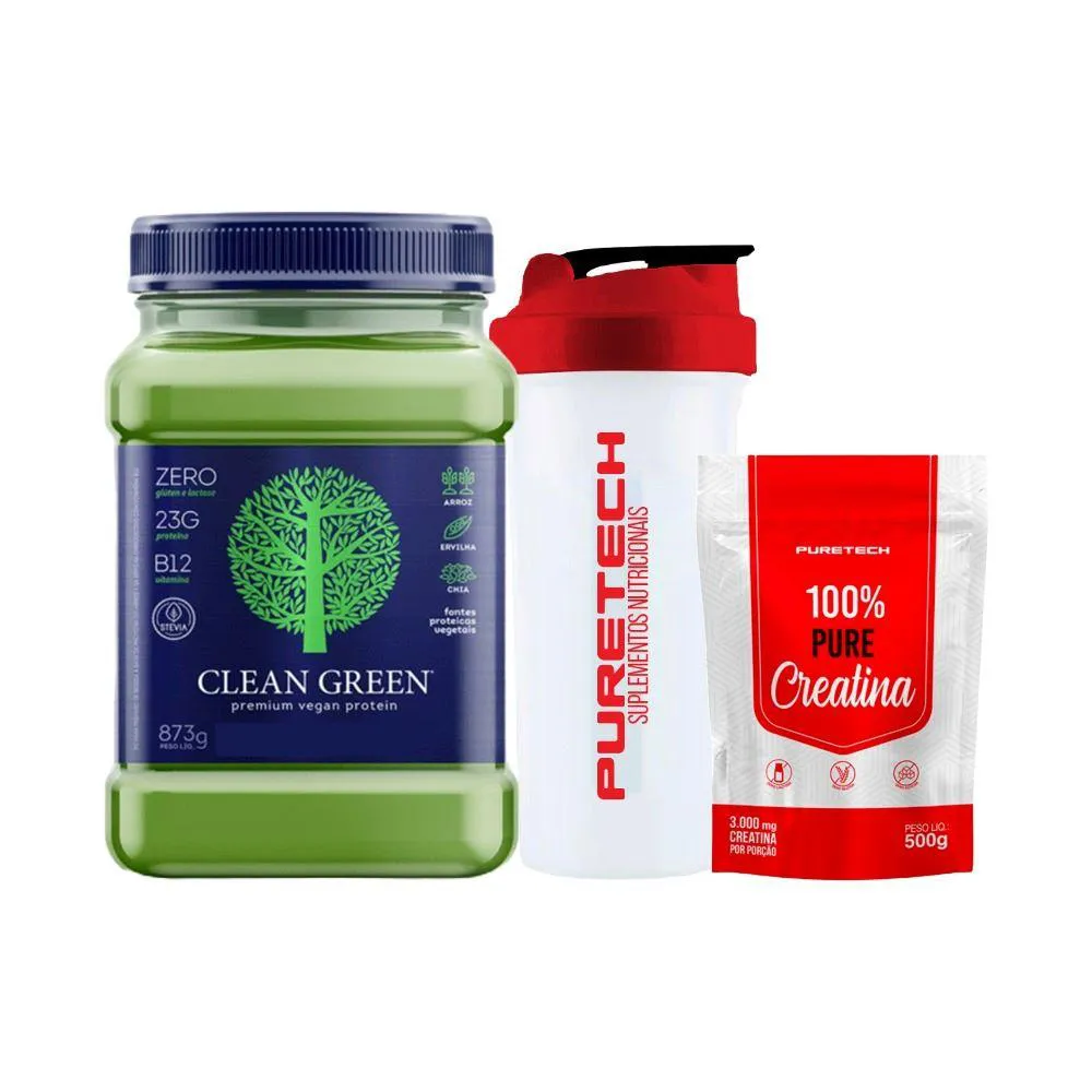 KIT CLEAN GREEN 840G - CELLGENIX + CREATINA 100% PURE 500G + COQUETELEIRA - PURETECH Baunilha Gourmet