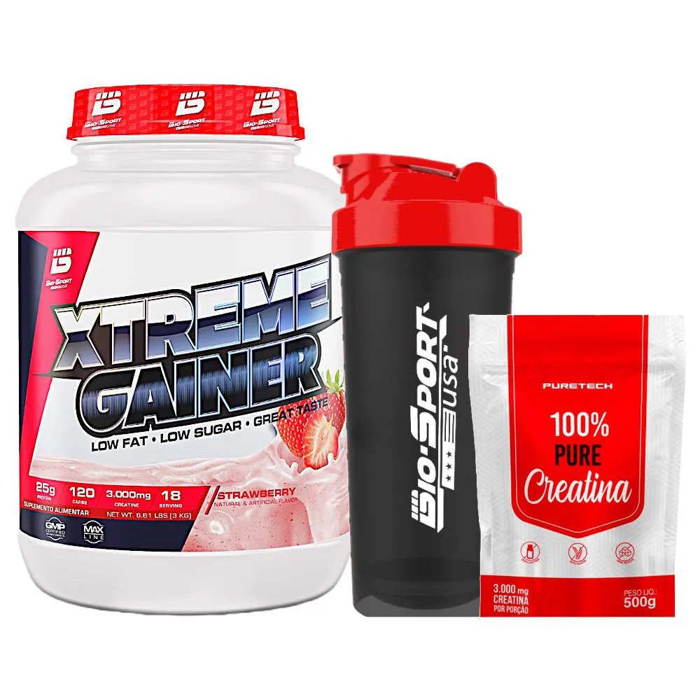 KIT XTREME GAINER 3KG - BIO SPORT + CREATINA 100% PURE 500G - PURETECH + COQUETELEIRA - BIO SPORT Morango