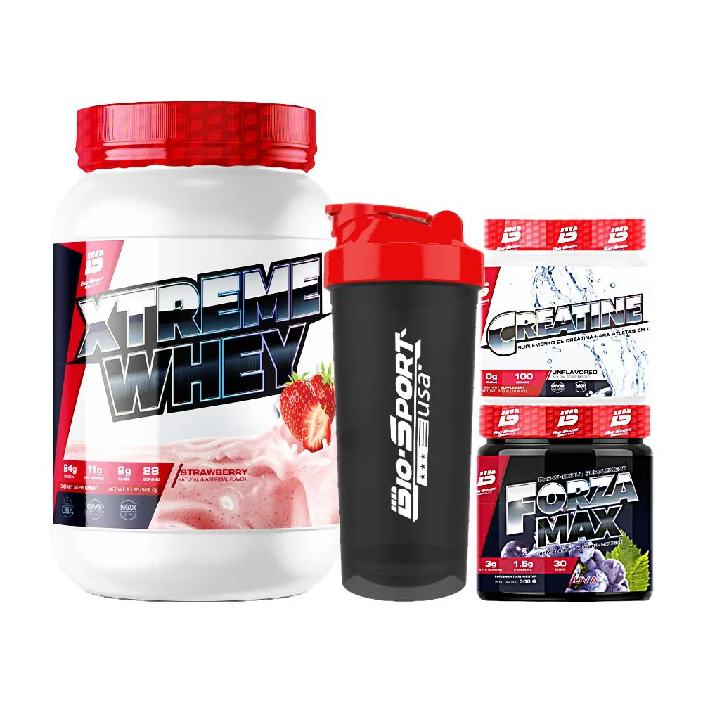 KIT XTREME WHEY 900G + CREATINE MAX PURA 150G + FORZA MAX PRé-WORKOUT 300G + COQUETELEIRA - BIO SPORT Morango