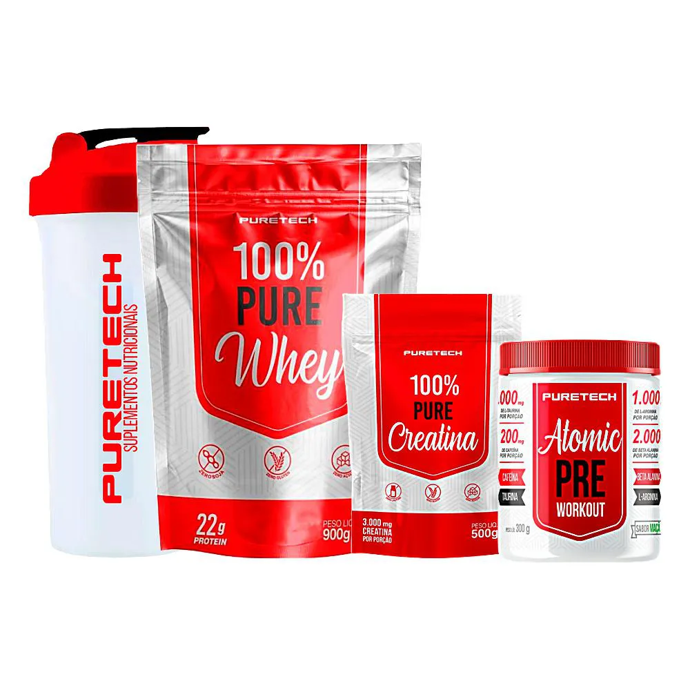 KIT 100% PURE WHEY 900G + ATOMIC PRé-WORKOUT 300G + CREATINA 100% PURE 500G + COQUETELEIRA 700ML - PURETECH Baunilha
