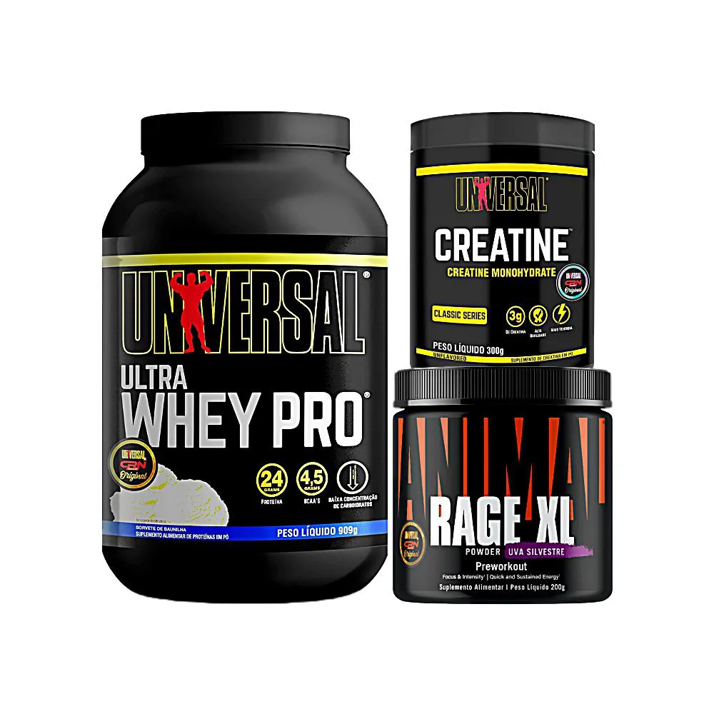 KIT ULTRA WHEY PRO 909G + PRé TREINO ANIMAL RAGE XL 221G + CREATINE MONOHYDRATE 300G - UNIVERSAL Baunilha