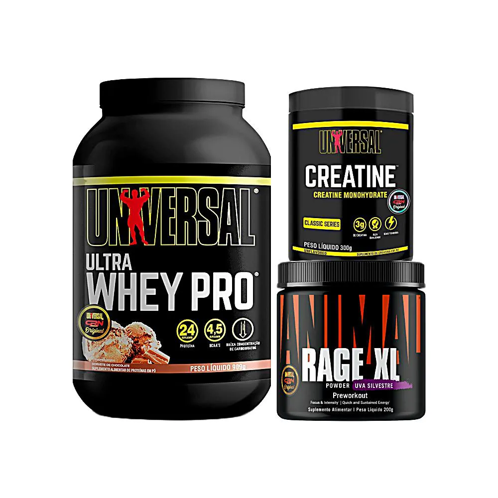 KIT ULTRA WHEY PRO 909G + PRé TREINO ANIMAL RAGE XL 221G + CREATINE MONOHYDRATE 300G - UNIVERSAL Chocolate