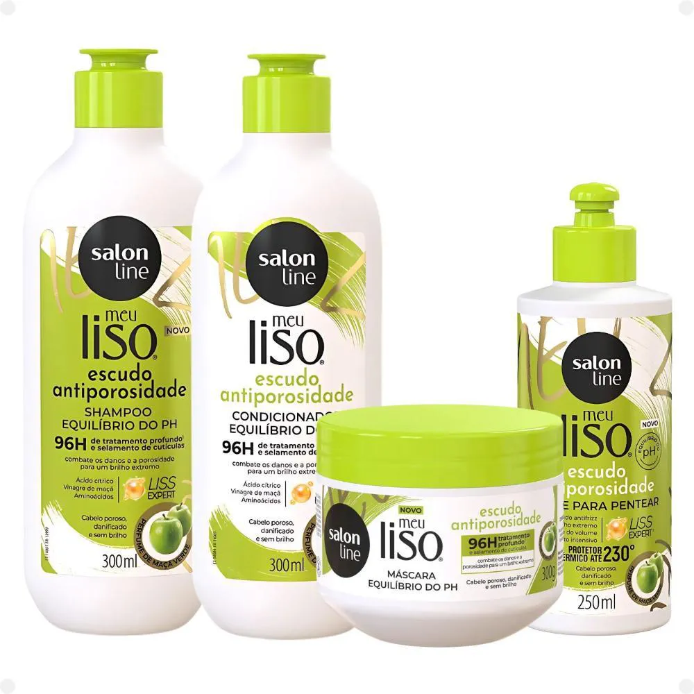 SALON LINE MEU LISO ESCUDO ANTIPOROSIDADE: SHAMPOO, CONDICIONADOR, MáSCARA E CREME PARA PENTEAR