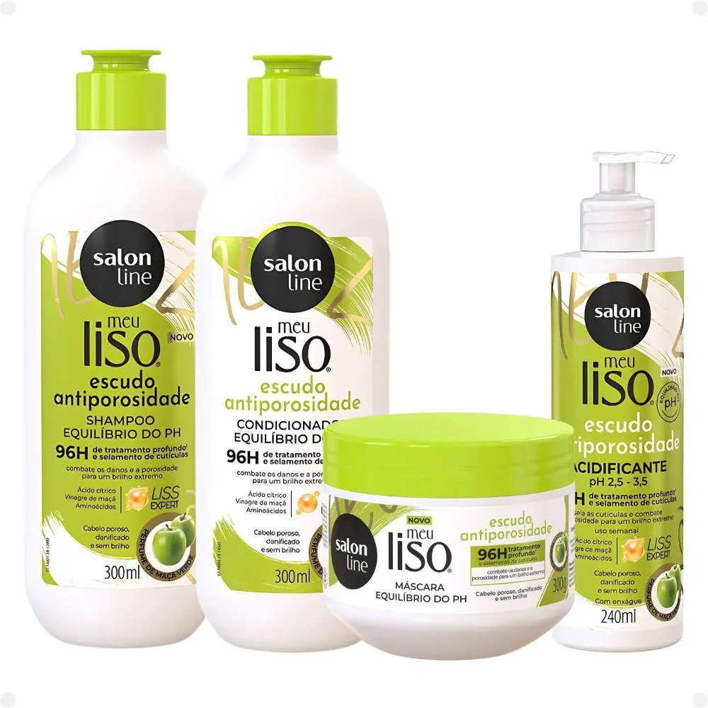 SALON LINE MEU LISO ESCUDO ANTIPOROSIDADE: SHAMPOO, CONDICIONADOR, MáSCARA E ACIDIFICANTE