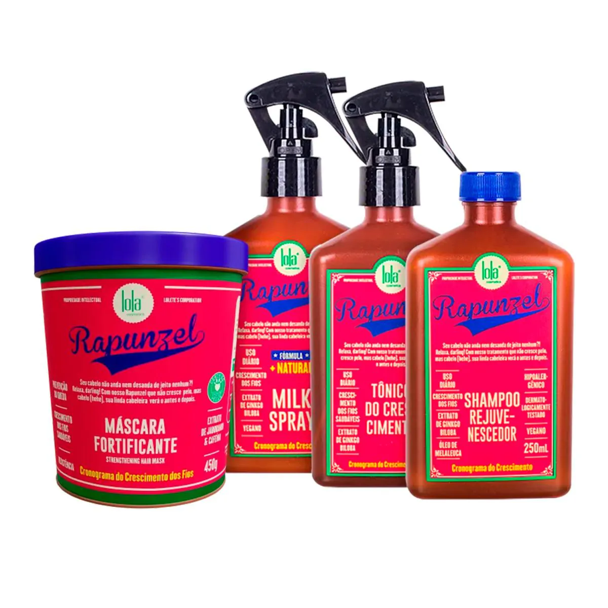 LOLA COSMETICS RAPUNZEL SHAMPOO REJUVENESCEDOR + MILK SPRAY + TôNICO DE CRESCIMENTO + MáSCARA FORTIFICANTE