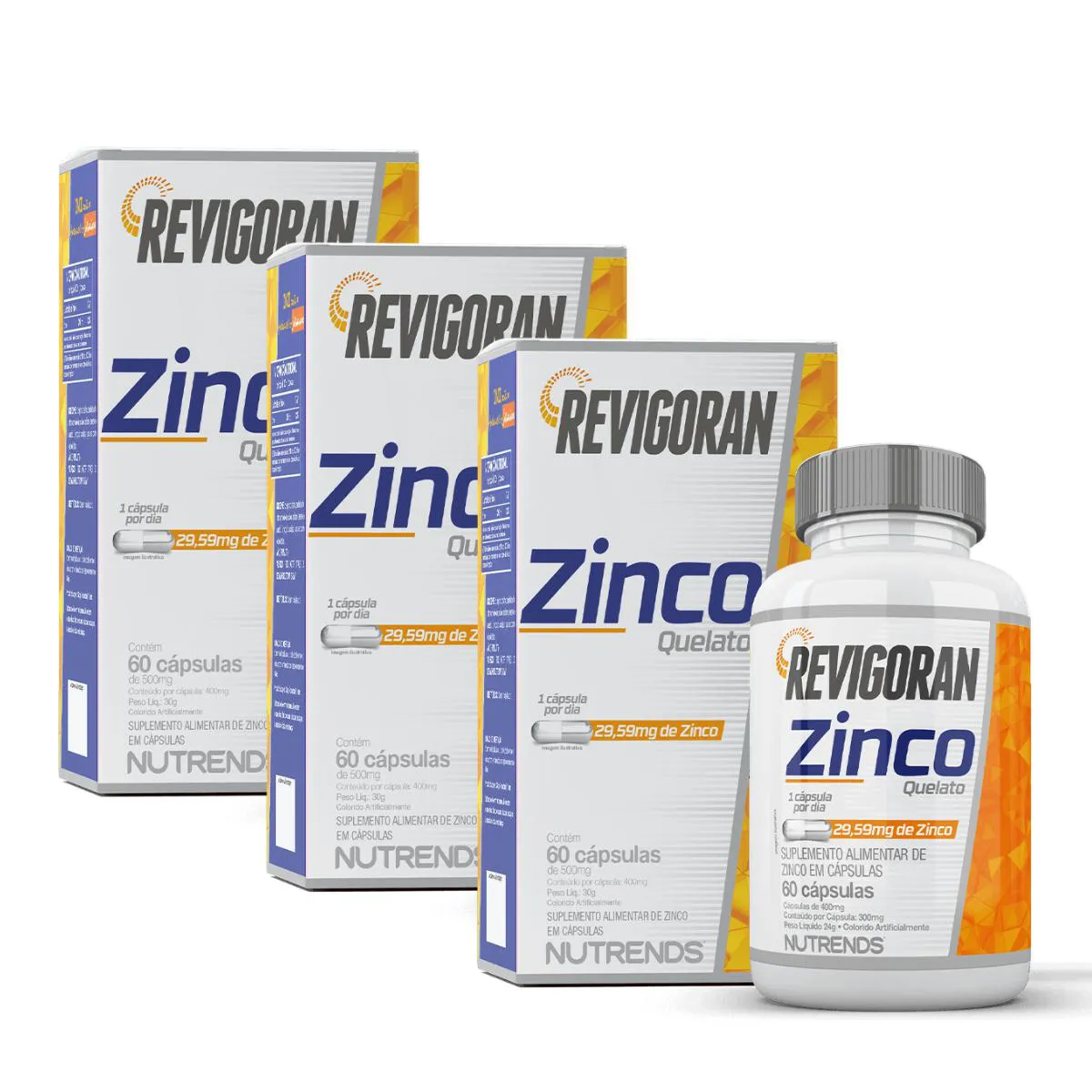 3X REVIGORAN ZINCO 29,59MG NUTRENDS 60 CáPSULAS SEM Sabor
